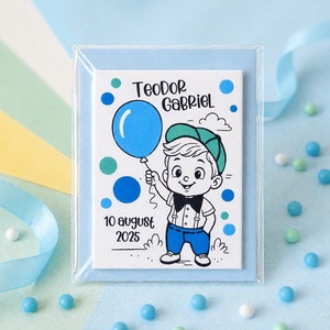 Marturii botez baietel cu balon pictat manual personalizate cu nume - Artynos.ro