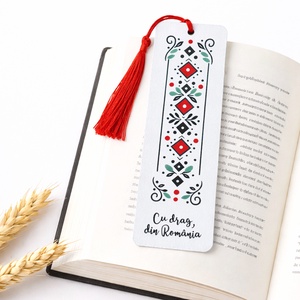 Semn de carte model popular romanesc, tema traditionala, pictat manual cu mesaj handmade - Artynos.ro