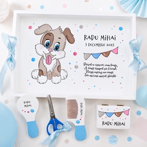 Set prima aniversare baietel catel tava mot personalizata pictata manual - Artynos.ro