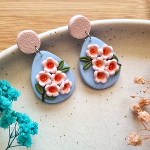 Cercei Sakura � Bijuterii handmade din lut polimeric, design floral tip lacrima, Bijuterii, Cercei, Cercei lungi, , ARTYNOS