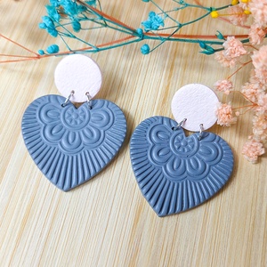 Cercei Inimă cu Mandala Embosată � Bijuterii handmade din lut polimeric - bijuterii - cercei - cercei lungi - Artynos.ro