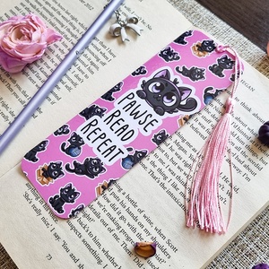 Semn de Carte Pawse Read Repeat cu Pisici � Bookmark Handmade pentru Iubitori de Carti si Pisici - cărți și creații cu tematică muzicală, cadouri - semn de carte - Artynos.ro