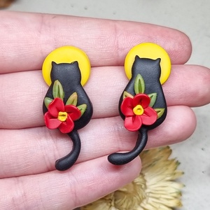 Cercei pisica si luna handmade din lut polimeric, Bijuterii, Cercei, Cercei cu figurine, , ARTYNOS