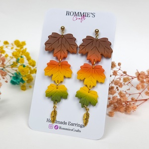 Cercei de toamna cu frunze de artar in gradient, handmade din lut polimeric - Artynos.ro
