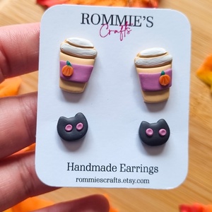 Set cercei de toamna cafea si pisicute, handmade din lut polimeric - bijuterii - cercei - cercei cu figurine - Artynos.ro