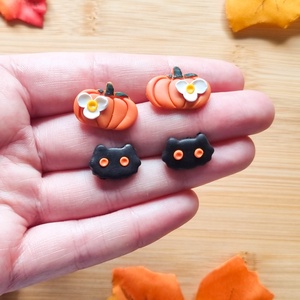 Set cercei Halloween cu dovleci si pisici negre, handmade din lut polimeric - bijuterii - cercei - cercei cu figurine - Artynos.ro
