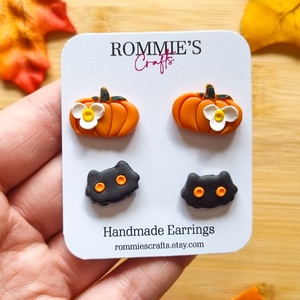 Set cercei Halloween cu dovleci si pisici negre, handmade din lut polimeric - Artynos.ro