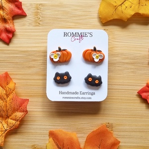 Set cercei Halloween cu dovleci si pisici negre, handmade din lut polimeric - bijuterii - cercei - cercei cu figurine - Artynos.ro
