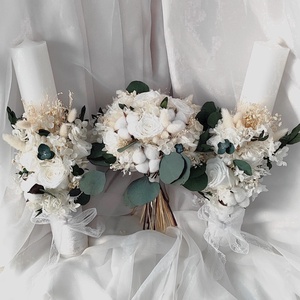 Set nunta - buchet de mireasa si lumanari realizat cu trandafiri criogenati, hortensie, eucalypt si maslin stabilizate - Artynos.ro