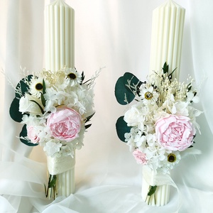 Set nunta - buchet de mireasa si lumanari, realizat cu trandafiri criogenati, hortensie, eucalypt și măslin,stabilizate - accesorii nuntă - buchet mireasă  - Artynos.ro