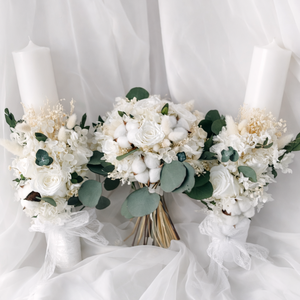 Set nunta - buchet de mireasa si lumanari realizat cu trandafiri criogenati, hortensie, eucalypt si maslin stabilizate - Artynos.ro