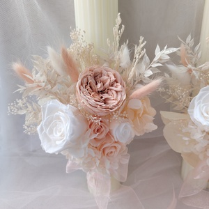 Set lumânări nunta alb / roz cu trandafiri și hortensie criogenata - accesorii nuntă - materiale decor pentru nuntă - lumânări de nuntă și suport lumânări - Artynos.ro