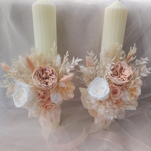 Set lumânări nunta alb / roz cu trandafiri și hortensie criogenata - accesorii nuntă - materiale decor pentru nuntă - lumânări de nuntă și suport lumânări - Artynos.ro