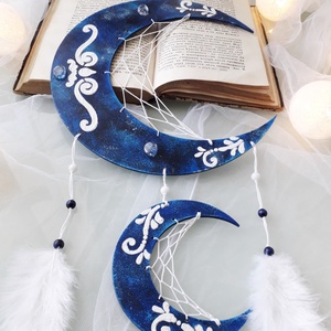 Prinzător de vise semilună, Dream Catcher cu cristale, Decor de perete albastru/alb, Casă & Stil de viață, Accesorii pentru decorat casa, Decorațiuni de pereți, decorațiuni suspendate, Capcană de vise, Înnoda, Pictură, ARTYNOS