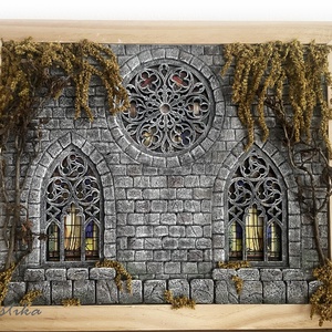 Ferestre gotice, Decorațiune înrămată cu LED-uri, decor gri înrămat, rama foto decorata, diorama fereastră gotică - casă & stil de viață - accesorii pentru decorat casa - picturi murale - rame pentru fotografii - Artynos.ro