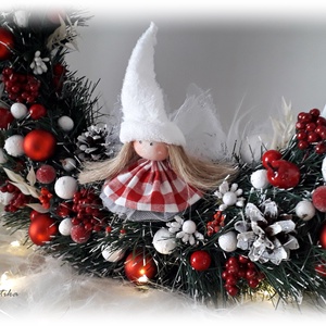 Coronita Craciun cu leduri și zână-spiriduș, alb-rosu - crăciun - decorațiuni de crăciun de casă - decorațiuni pentru ușă de crăciun - Artynos.ro