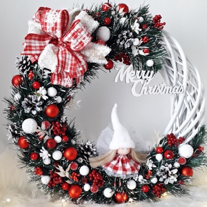Coronita Craciun cu leduri și zână-spiriduș, alb-rosu - crăciun - decorațiuni de crăciun de casă - decorațiuni pentru ușă de crăciun - Artynos.ro