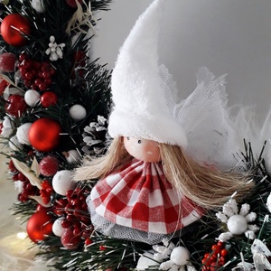 Coronita Craciun cu leduri și zână-spiriduș, alb-rosu - crăciun - decorațiuni de crăciun de casă - decorațiuni pentru ușă de crăciun - Artynos.ro