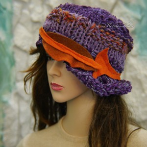 CLOCHE-ART - palarie extravaganta tricotata manual / violet-portocaliu, Imbracaminte si moda, Esarfe, palarii, fularuri, Caciula, Impletitura, ARTYNOS