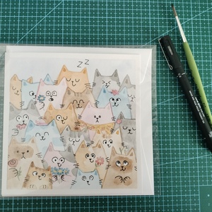 Felicitare pictata manual cu pisici și flori - arte vizuale și accesorii  - picturi - acuarele picturi - Artynos.ro