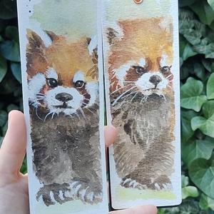 Set de 2 semne de carte pictate manual - Panda rosu , Arte vizuale si accesorii , Picturi, Acuarele picturi, , ARTYNOS