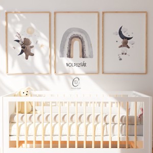Tablou personalizat pentru camera copiilor, decoratiuni pentru camera bebelusului, ursulet de plus, luna, curcubeu, arta de perete set de 3, , , ARTYNOS