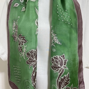 Esarfa unicat din matase naturala  pictata manual cu tehnica cerii reci, model verde-maro, 35130 cm, Imbracaminte si moda, Esarfe, palarii, fularuri, Sal, esarfa de cap, , ARTYNOS