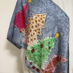 Set cu sal si cravata din matase pictate manual  editie de Craciun in culori neconventionale, sal 35130 cm + cravata  - Artynos.ro