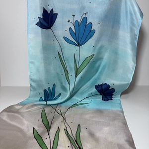 Vocea Primaverii  esarfa din matase pictata manual, model floral albastru, 35130 cm - Artynos.ro