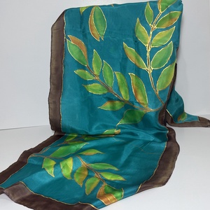 Armonie de Padure  esarfa din matase pictata manual, cu frunze verzi, 35130 cm - Artynos.ro