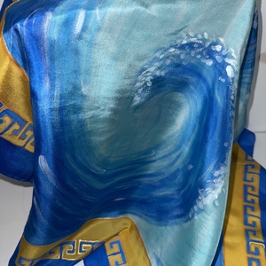 Eșarfă din mătase pictată manual � nuanțe de albastru și turcoaz cu accente aurii (74�74 cm) - îmbrăcăminte și modă - eșarfe, pălării, fularuri - șal, eșarfă de cap - Artynos.ro