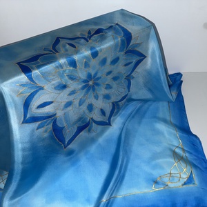 Esarfa din matase pictata manual � eleganta profesionala in nuante de albastru si auriu, Imbracaminte si moda, Esarfe, palarii, fularuri, Sal, esarfa de cap, , ARTYNOS