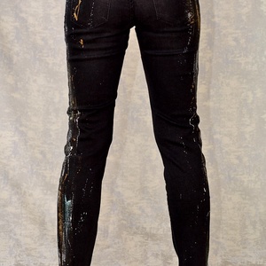 Blugi negri, Skinny Fit, pictați manual, unicat - îmbrăcăminte și modă - haine damă - pantaloni damă - Artynos.ro