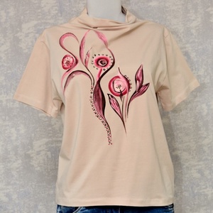 Tricou bej cu pictură florală, abstractă, Imbracaminte si moda, Haine dama, Tricou si top de dama, Pictura, ARTYNOS