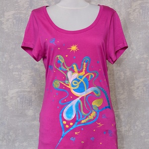 Tricou magenta cu pictură abstractă, unicat, Imbracaminte si moda, Haine dama, Tricou si top de dama, Pictura, ARTYNOS