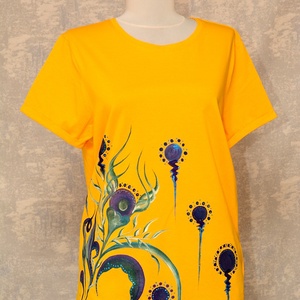 Tricou galben cu pictură florală, unicat, Imbracaminte si moda, Haine dama, Tricou si top de dama, Pictura, ARTYNOS