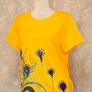 Tricou galben cu pictură florală, unicat - îmbrăcăminte și modă - haine damă - tricou și top de damă - Artynos.ro