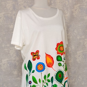 Tricou ivoire cu pictură florală, abstractă - îmbrăcăminte și modă - haine damă - tricou și top de damă - Artynos.ro