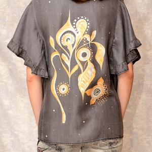 Camasa denim, gri, pictata, unicat, Imbracaminte si moda, Haine dama, Tricou si top de dama, Pictura, ARTYNOS