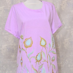 Tricou lila cu pictură florală, unicat - Artynos.ro