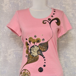 Tricou roz cu pictură abstractă, unicat, Imbracaminte si moda, Haine dama, Tricou si top de dama, Pictura, ARTYNOS