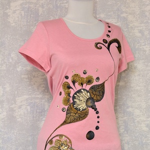 Tricou roz cu pictură abstractă, unicat - îmbrăcăminte și modă - haine damă - tricou și top de damă - Artynos.ro