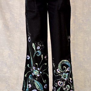 Pantaloni negri cu pictura florala, unicat, Imbracaminte si moda, Haine dama, Pantaloni dama, Pictura, ARTYNOS