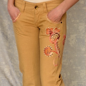 Pantaloni cu pictură florală, unicat - îmbrăcăminte și modă - haine damă - pantaloni damă - Artynos.ro