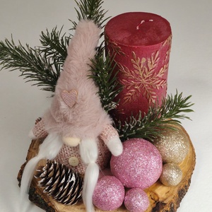 Aranjament decorativ de Craciun cu spiridus si lumanare  Roz si Auriu - Artynos.ro