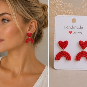 Cercei handmade din Fimo Rainbow Heart -Roșu intens - bijuterii - cercei - cercei lungi - Artynos.ro