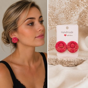 Cercei handmade din Fimo, Rosu cu foita aurie, Ruby Bloom - Artynos.ro