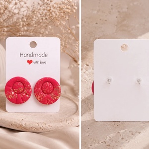 Cercei handmade din Fimo, Roșu cu foiță aurie, Ruby Bloom - bijuterii - cercei - clipsuri - Artynos.ro
