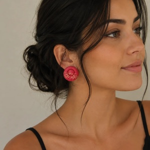 Cercei handmade din Fimo, Roșu cu foiță aurie, Ruby Bloom - bijuterii - cercei - clipsuri - Artynos.ro