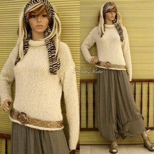 TEKNŐC ALPAKA - pulover exclusiv tricotat manual / alb inchis, Imbracaminte si moda, Haine dama, Hanorace, cardigane, Impletitura, ARTYNOS